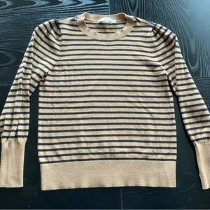 LOFT Tan and Black Striped Women's Crewneck Sweater